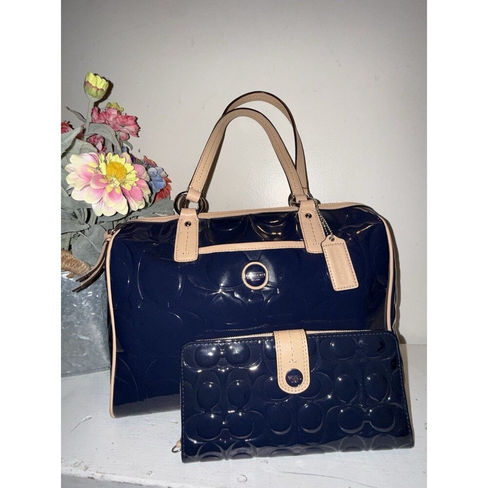 Coach Signature Embossed Patent Blue Peyton Shoulder Bag Purse F25189 Bundle